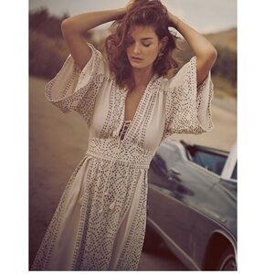 Free People Cream Maxi Dress with Lace Details modern kimono dress sz 2